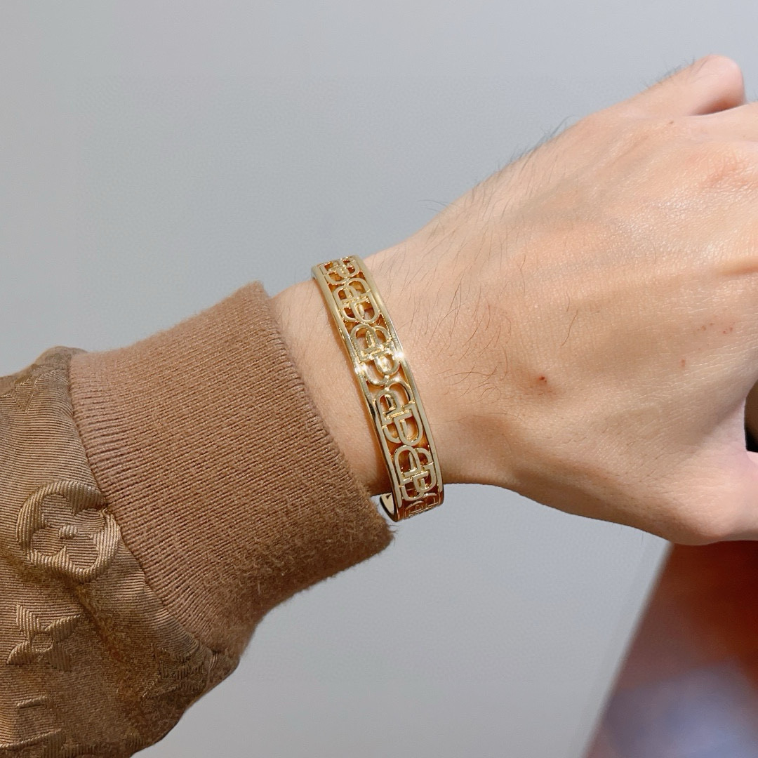 Balenciaga BB Icon Interlocking Logo Openwork Gold Bangle Rigid Cuff Bracelets - KAIROO