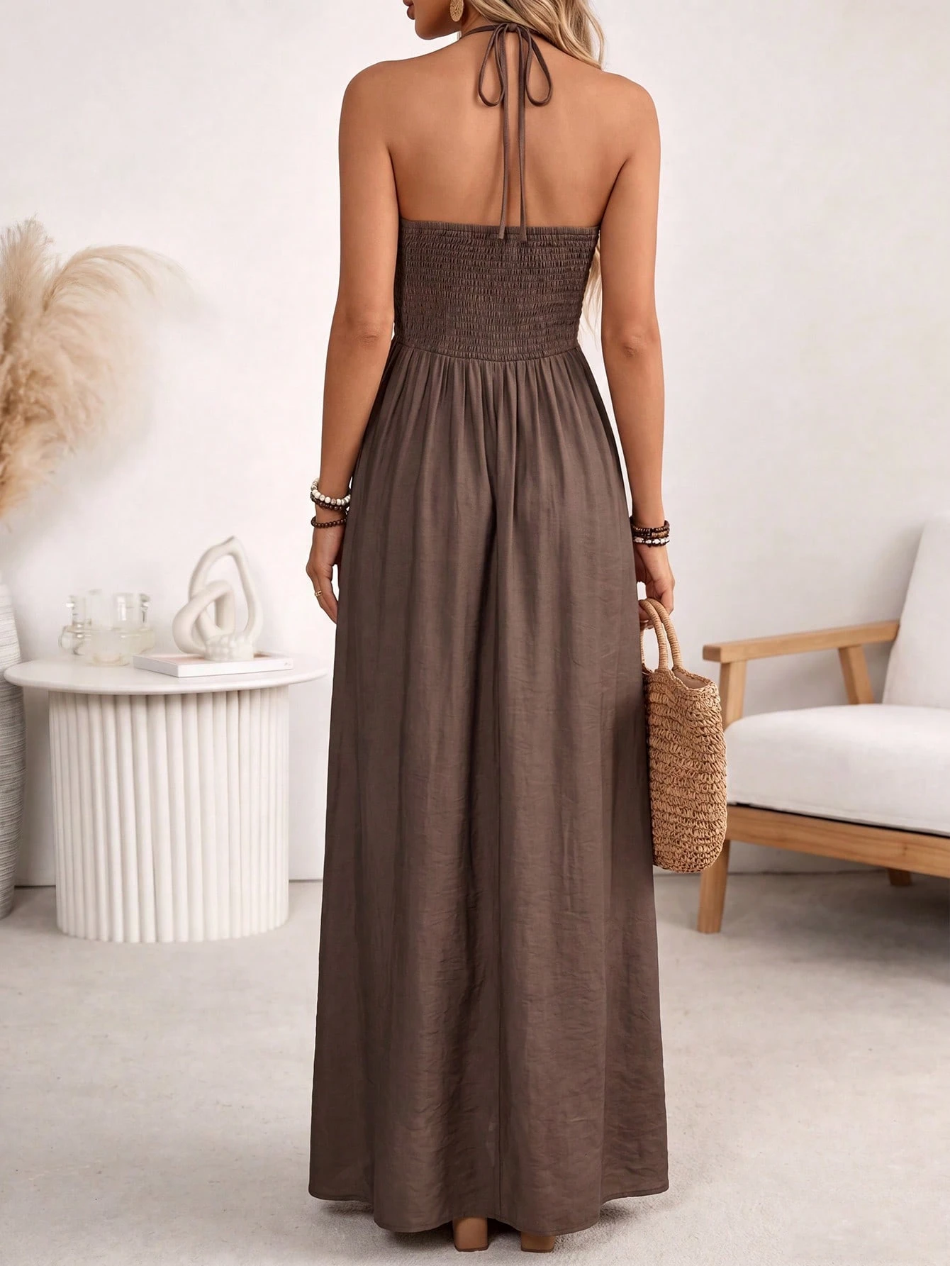 Women's Linen Blend Bow Front Ruffle Maxi Dress