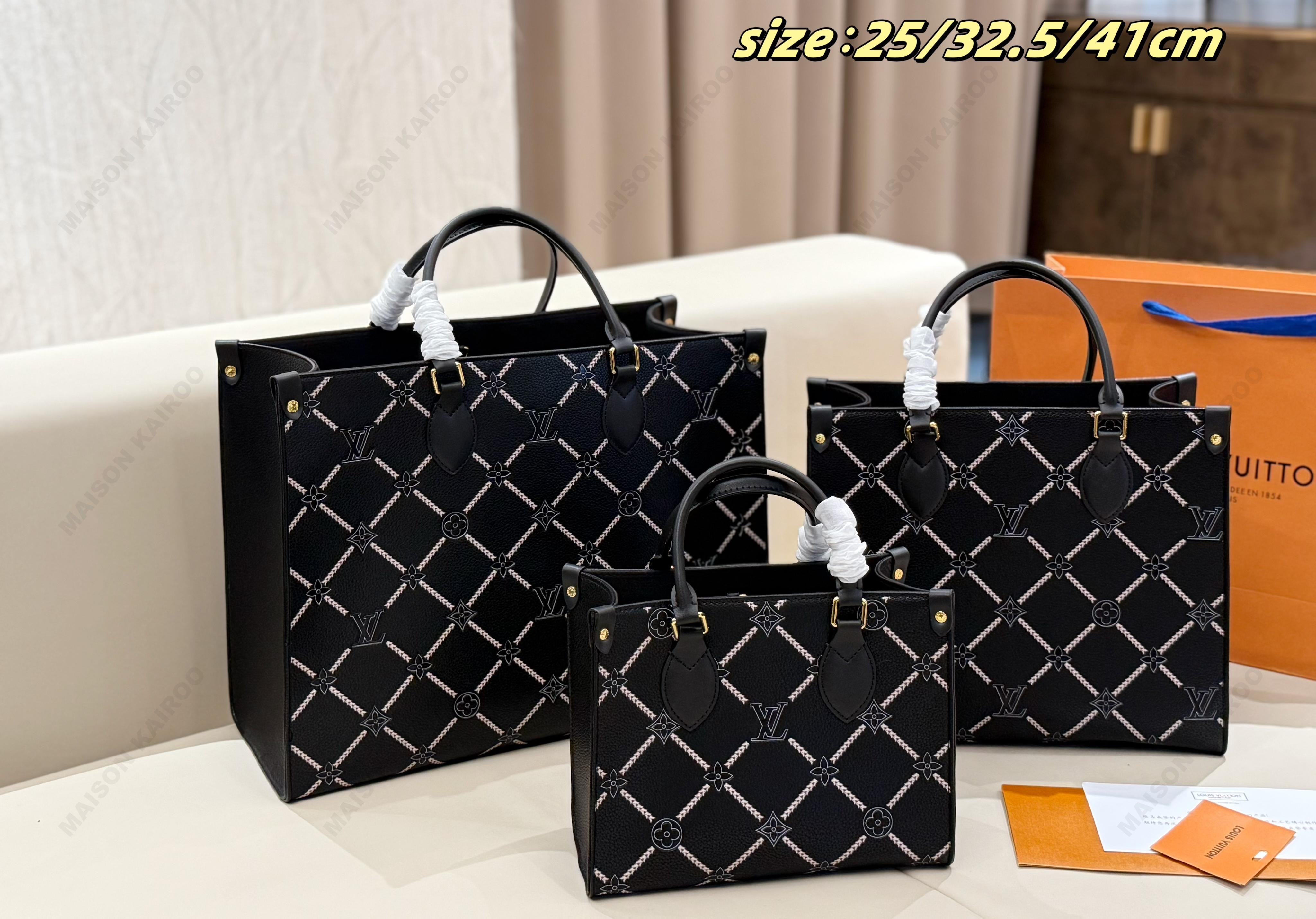 Louis Vuitton LV OnTheGo PM/MM/GM Black Diamond Stitch Monogram Empreinte Leather Top Handle Tote Bag - KAIROO