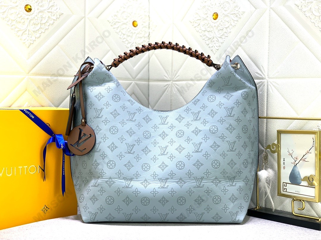 Louis Vuitton LV Mahina Hobo Moon Goddess Blue Dense Monogram Leather Braided Handle Shoulder Tote Bag - KAIROO