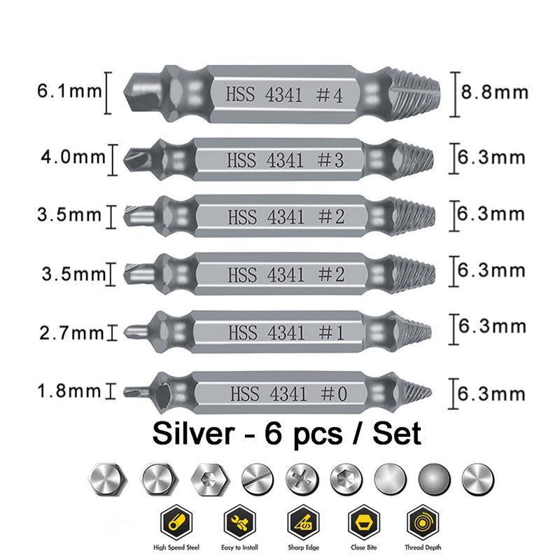 6-Piece Damaged Screw Extractor Set - Double-Head Stripped Screw Remover for Broken Bolts - High-Speed Steel (HSS) Easy Out Tool Kit for Power Drills