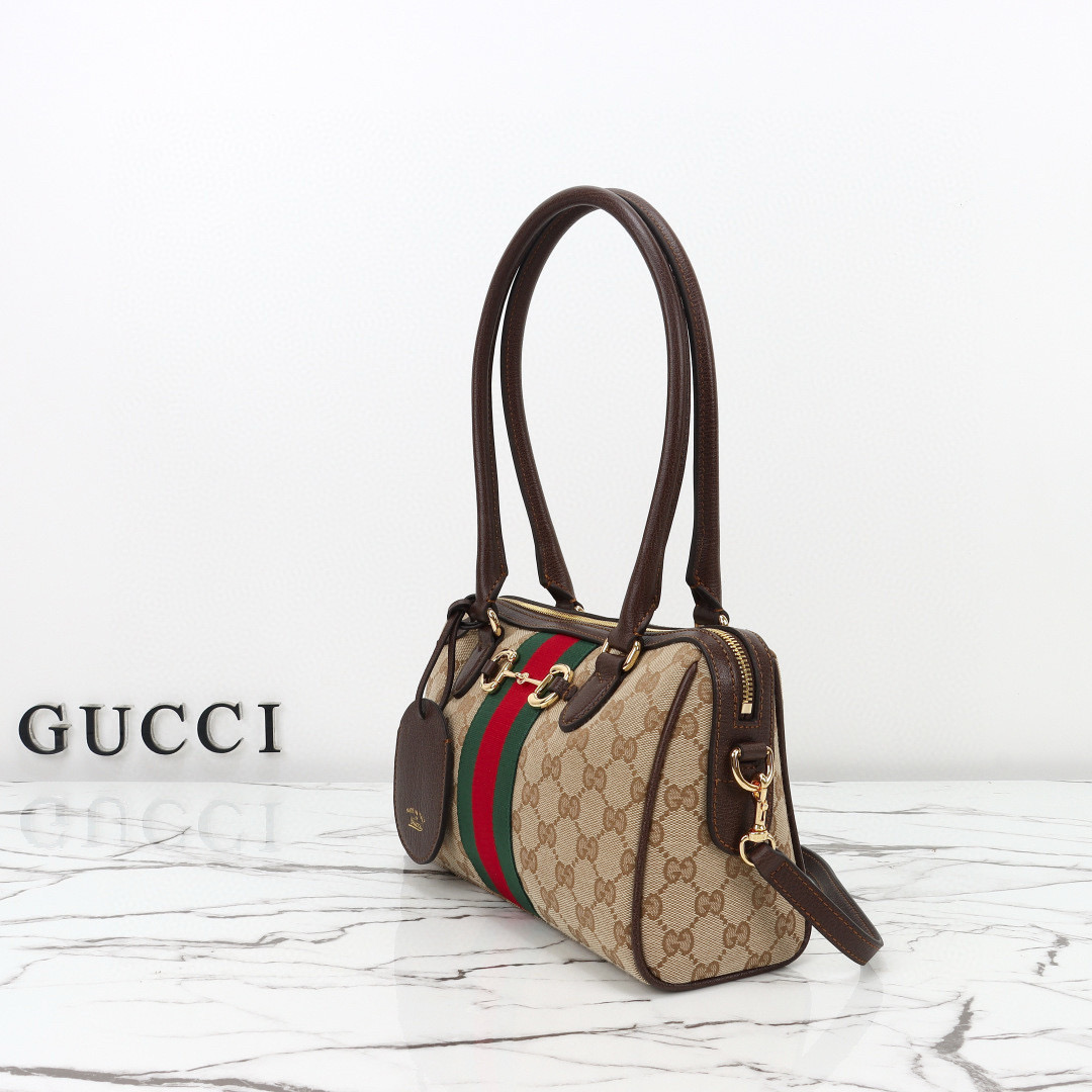 Gucci Borsetto Medium boston bag in Saand and dark brown GG canvas