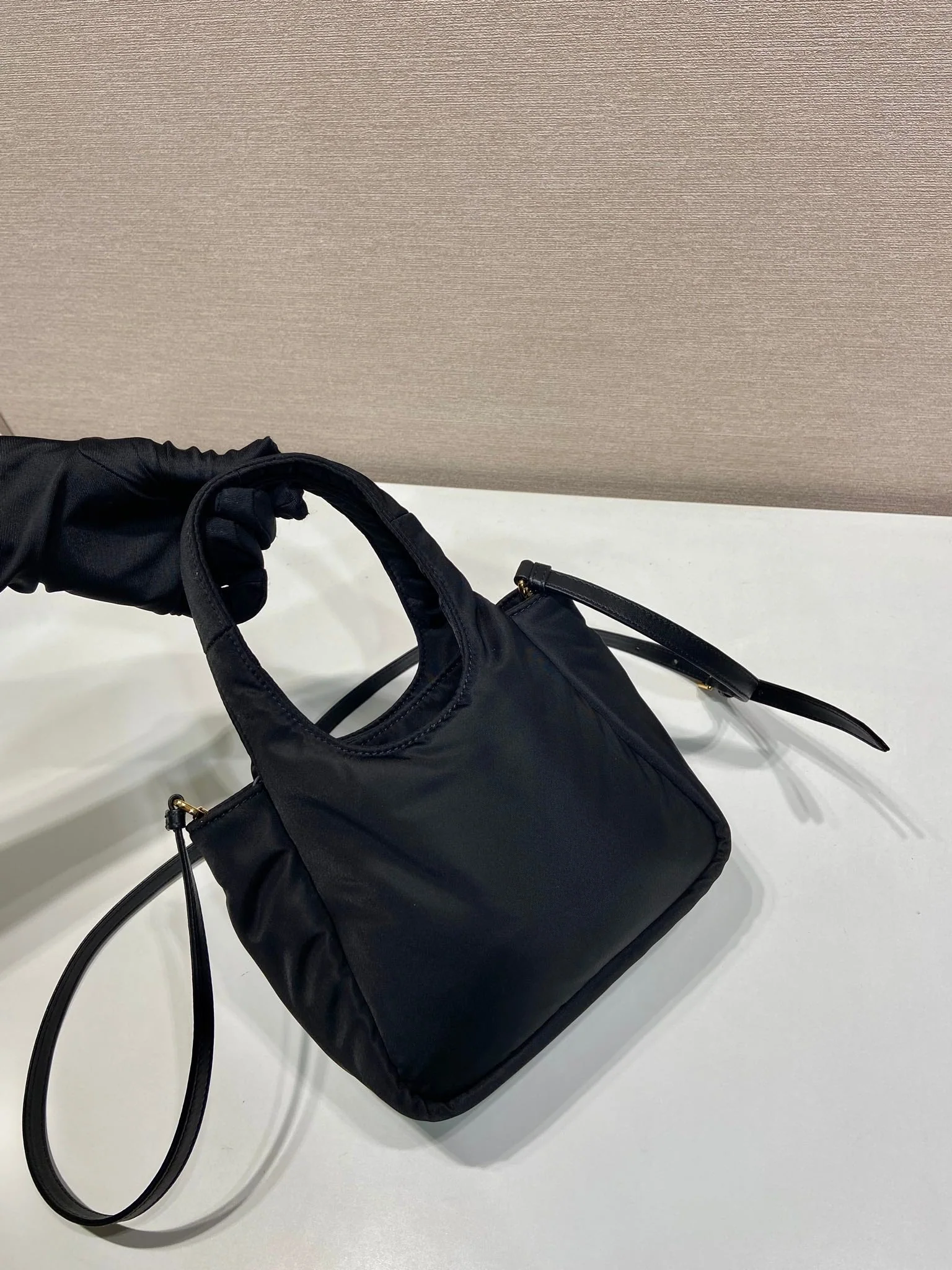 Prada MINI BOW TOTE BAG 18 IN BLACK PADDED NYLON FABRIC