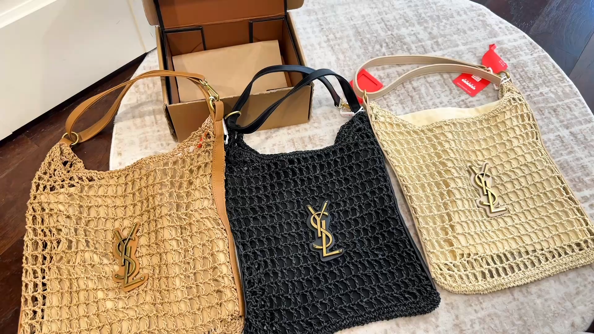 Saint Laurent YSL Hollow Net Crochet Straw Raffia Le 5 à 7 Leather Trim Hobo Shoulder Bag - KAIROO