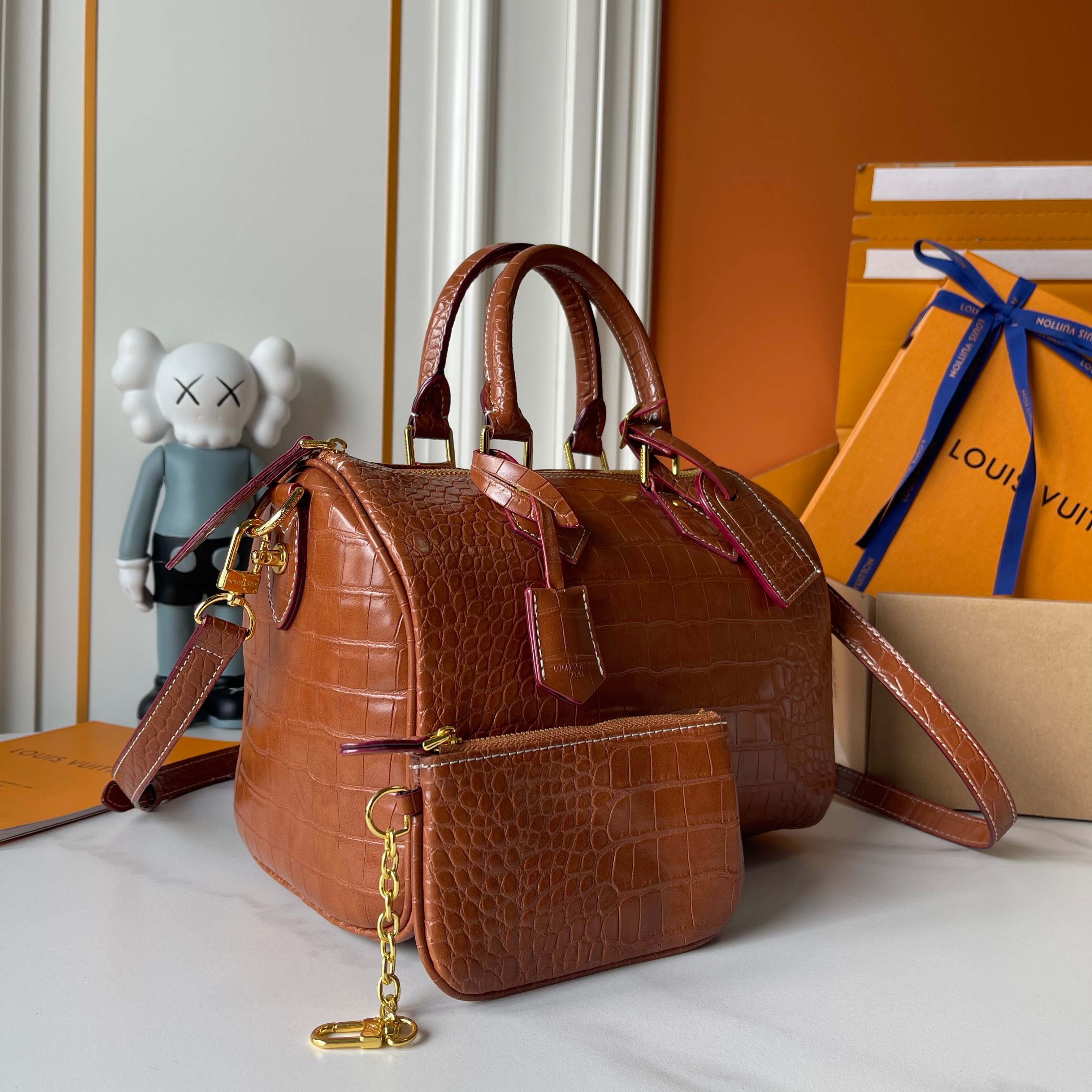 Louis Vuitton LV Speedy 25/30 Cognac Brown Crocodile Embossed Leather Boston Top Handle Bag - KAIROO