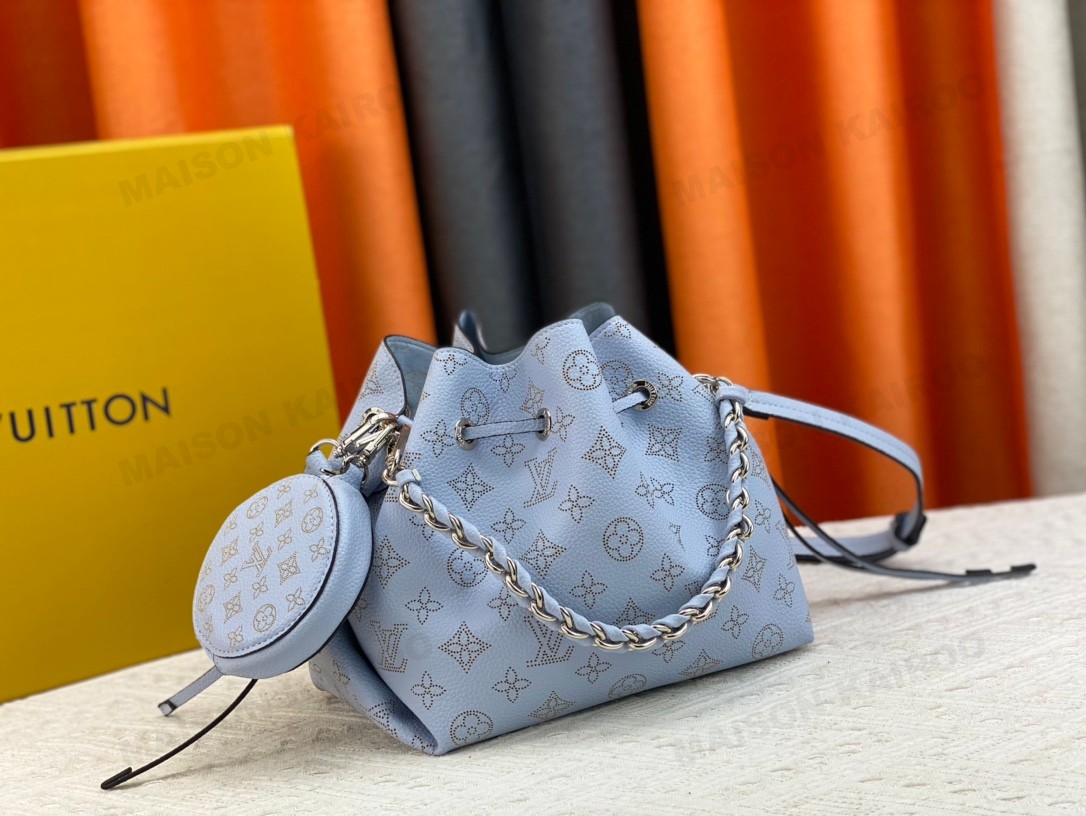 Louis Vuitton LV Mahina Bella Blue Perforated Monogram Leather Drawstring Bucket Shoulder Bag - KAIROO