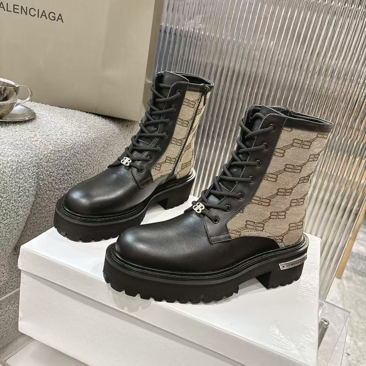 Balenciaga Strike Black Leather BB Monogram Print Canvas Lace Up Platform Short Boots - KAIROO