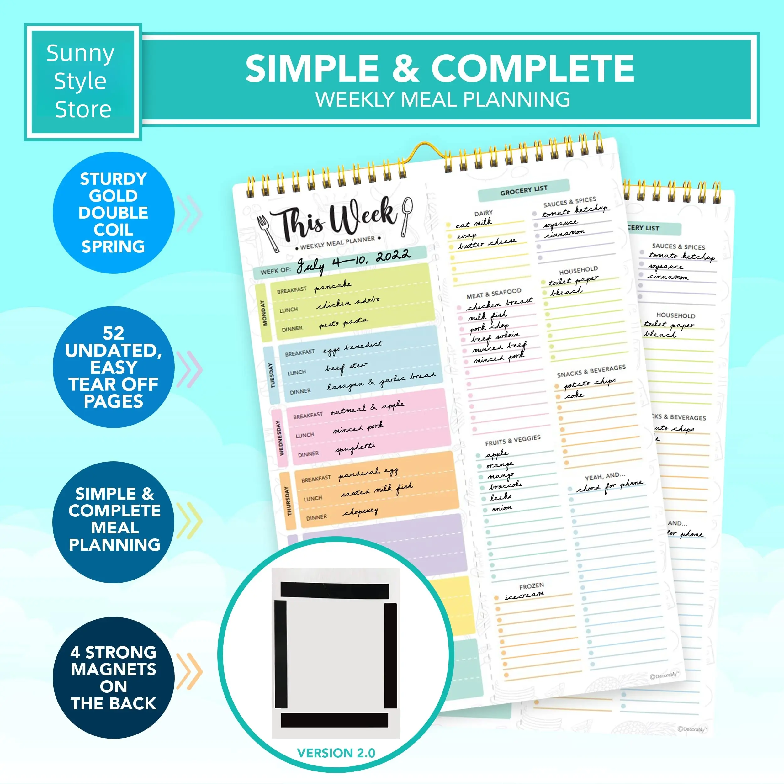 Magnetic Weekly Meal Planner Pad with Tear-Off Grocery List - 52-Week Menu Notepad for Fridge with Breakfast, Lunch & Dinner Tracking (8.5