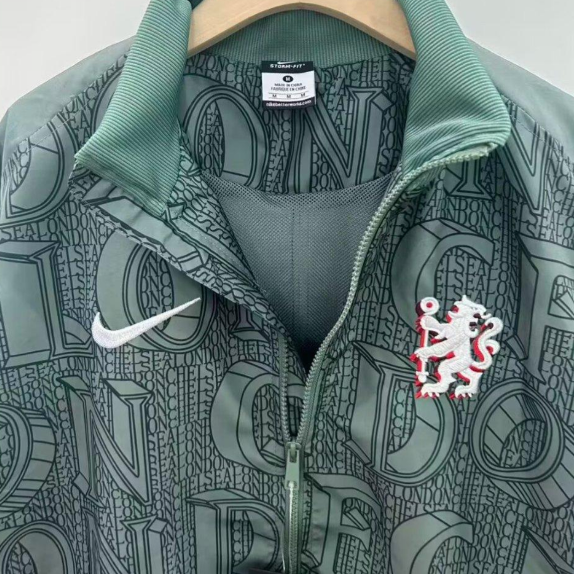 25/26 Chelsea FC Green with All-Over London Text Pattern Full Zipper Windbreaker S-2XL