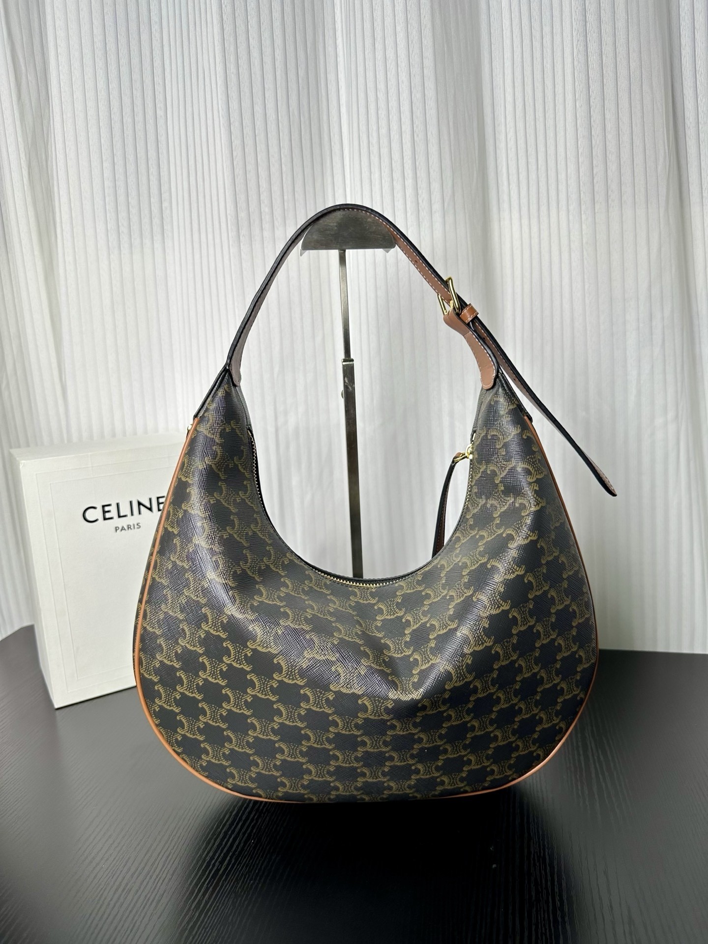 Celine Large Tan Lulu Triomphe Canvas Adjustable Handle Moon Shaped Shoulder Bag - KAIROO