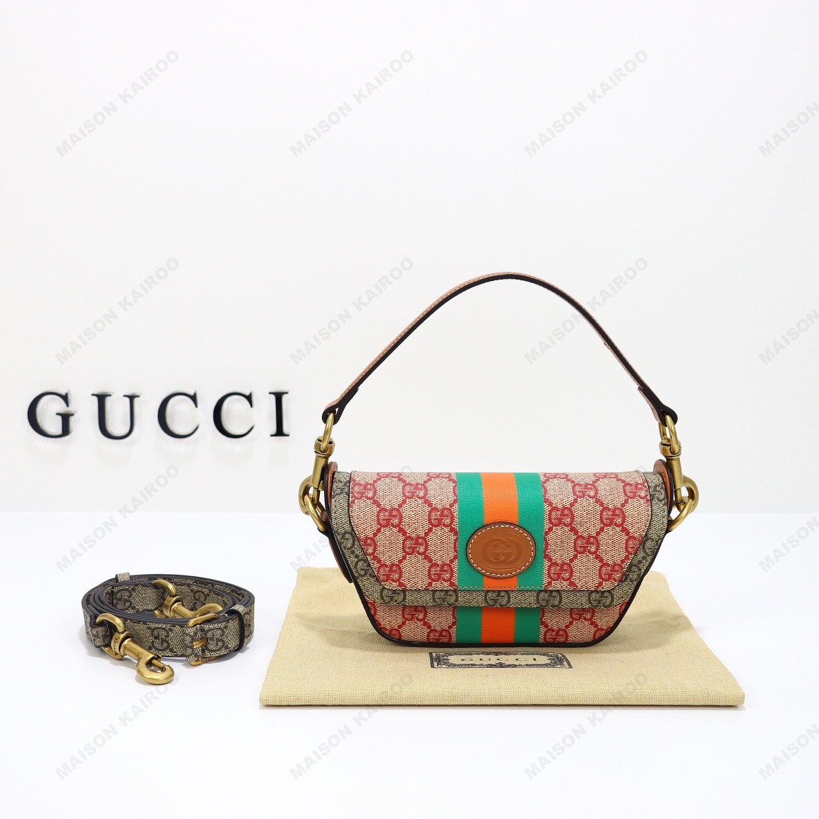 Gucci x Dans Le Vert Ophidia GG Supreme Canvas Mini Saddle Multicolor Logo Striped Shoulder Bag - KAIROO