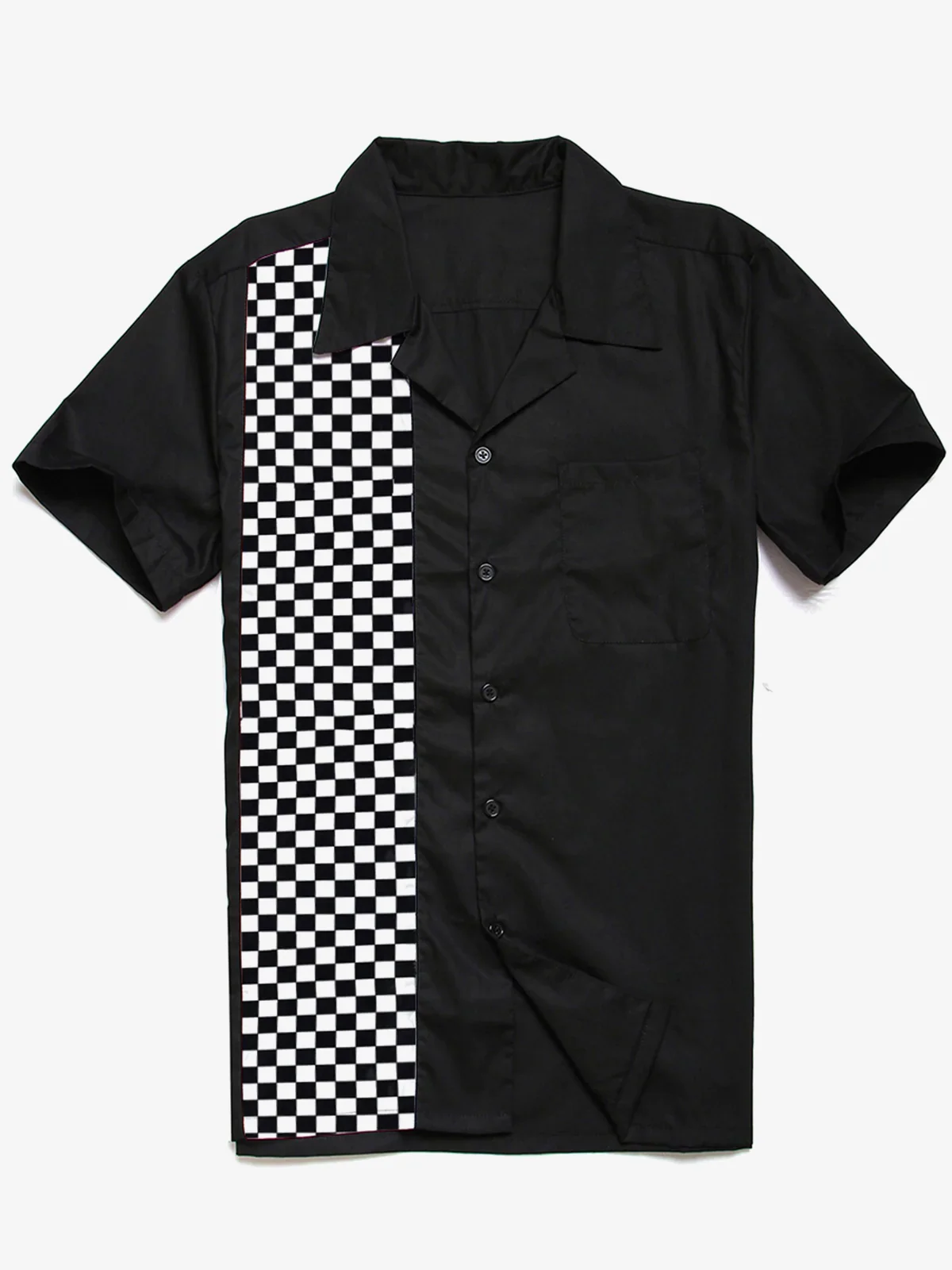 Men's Black White Checkered Flag 50s Camp Cotton Pocket Bowling Short Sleeve Shirt