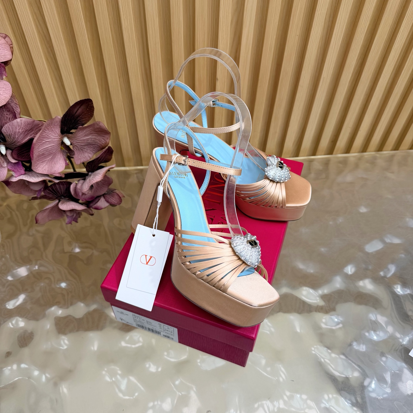 Valentino Garavani Champagne VLogo Crystal Brooch Satin Multi Straps Platform Square Toe Chunky Heel Sandals - KAIROO