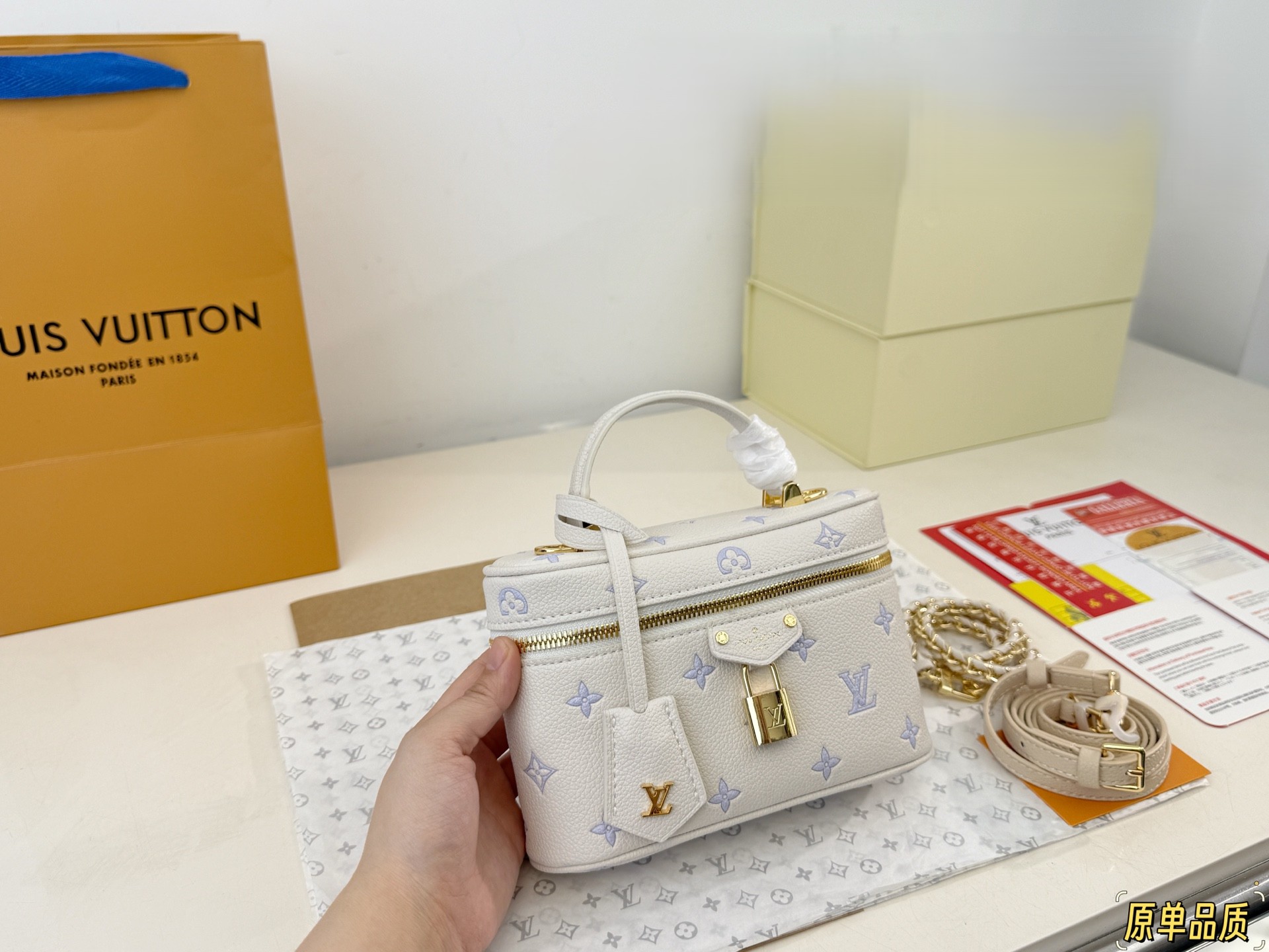 Louis Vuitton LV Mini Nice Vanity Cream Base Blue Monogram Crossbody Top Handle Bag - KAIROO