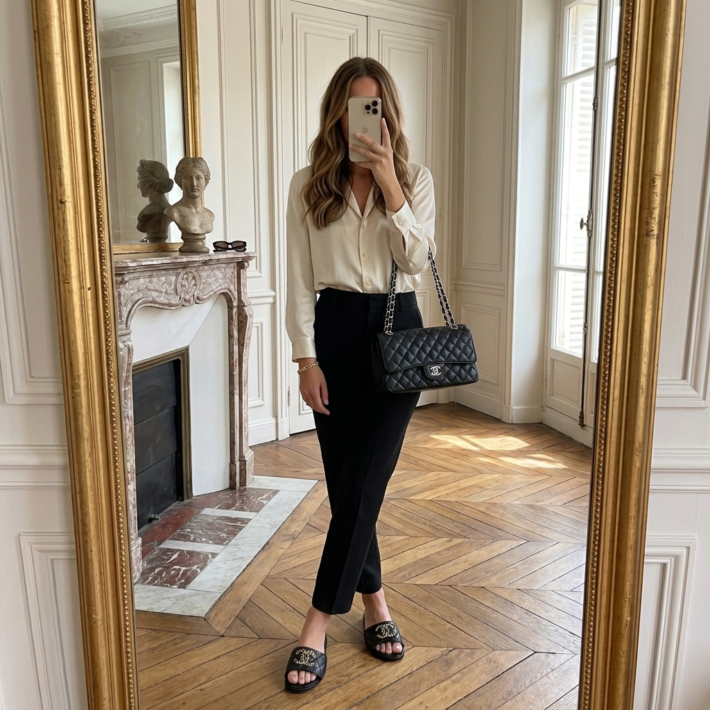 Chanel Classic Black Caviar Leather CF 25CM Flap Bag & Chain CC Flat Slides Set - KAIROO