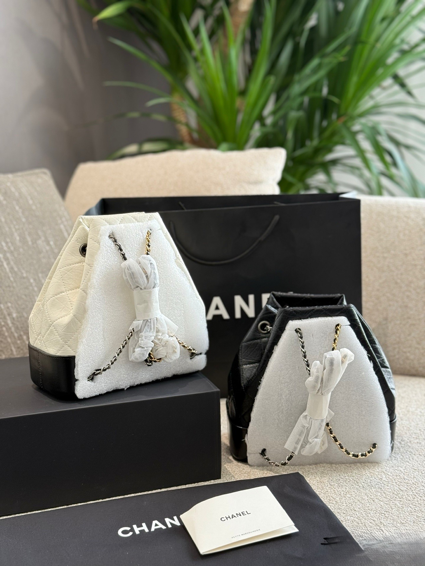 Chanel Gabrielle Diamond Quilted Aged Leather Chain Drawstring Backpack Bucket Bag - KAIROO