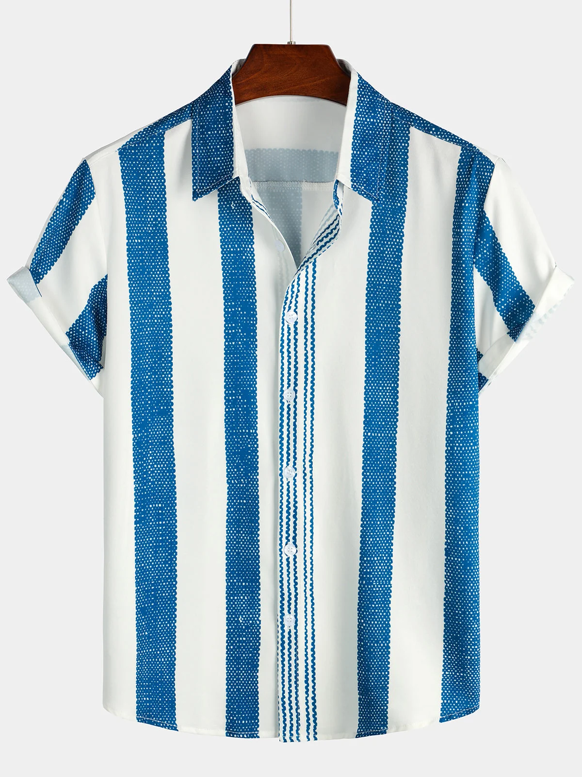 Men's Vintage Blue Vertical Stripe Casual Short Sleeve Shirt