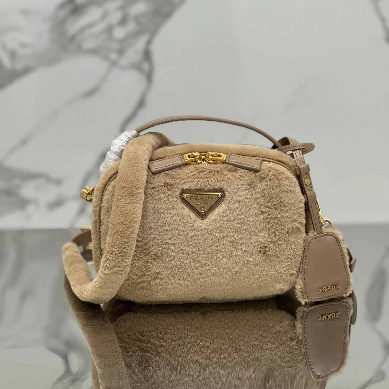 Prada MINI SHOULDER BAG 19 IN BEIGE RABBIT FUR