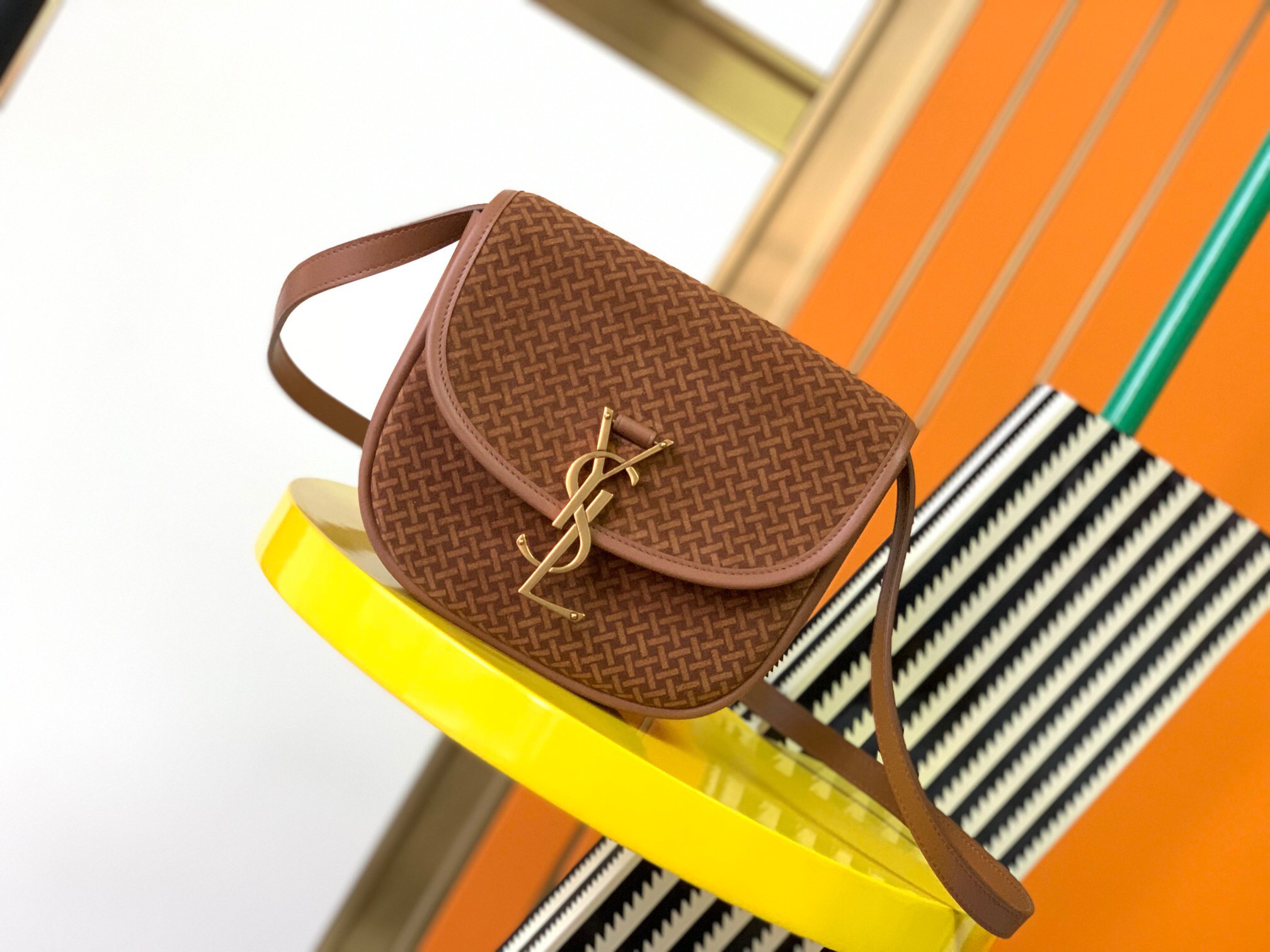 Saint Laurent YSL caramel frosted printed diagonal cross bag