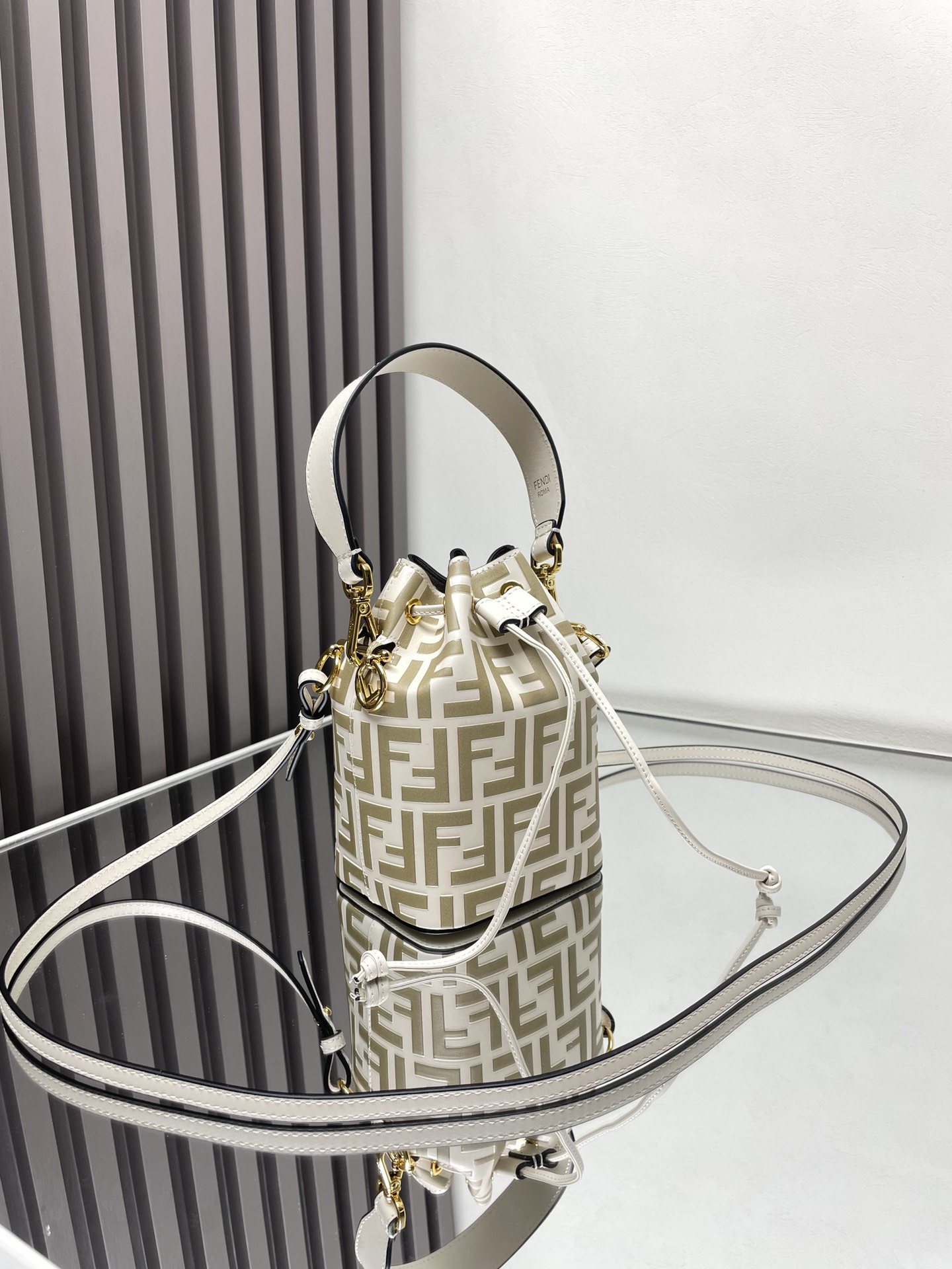 Fendi White FF Monogram Drawstring Bucket Bag - KAIROO