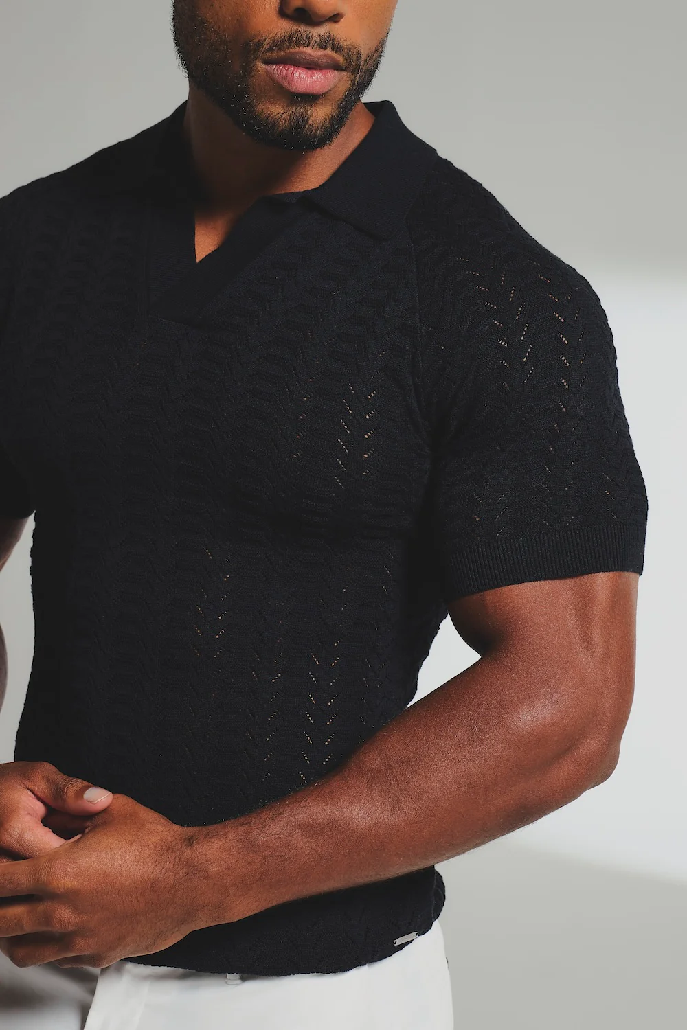 Pointelle Knitted Open Collar Polo Shirt in Black