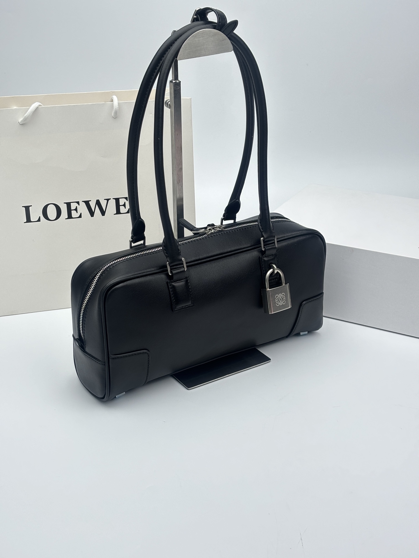 Loewe Amazona 28 Black Boston Nappa Leather Padlock Detail Handle Shoulder Bag - KAIROO