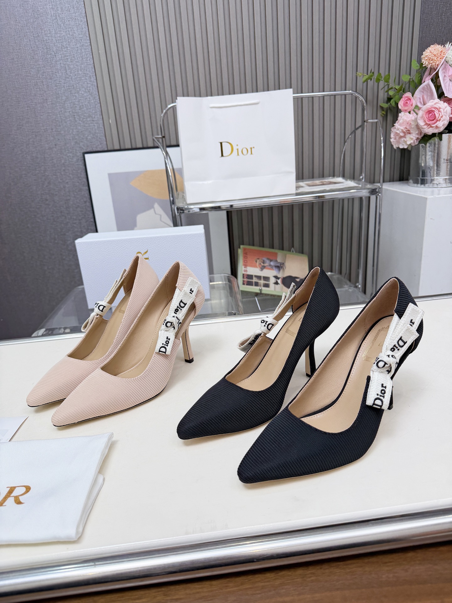 Dior J'Adior Embroidered Cotton Ribbon Technical Fabric Pointed Toe Ribbon Bow Pumps Heels - KAIROO