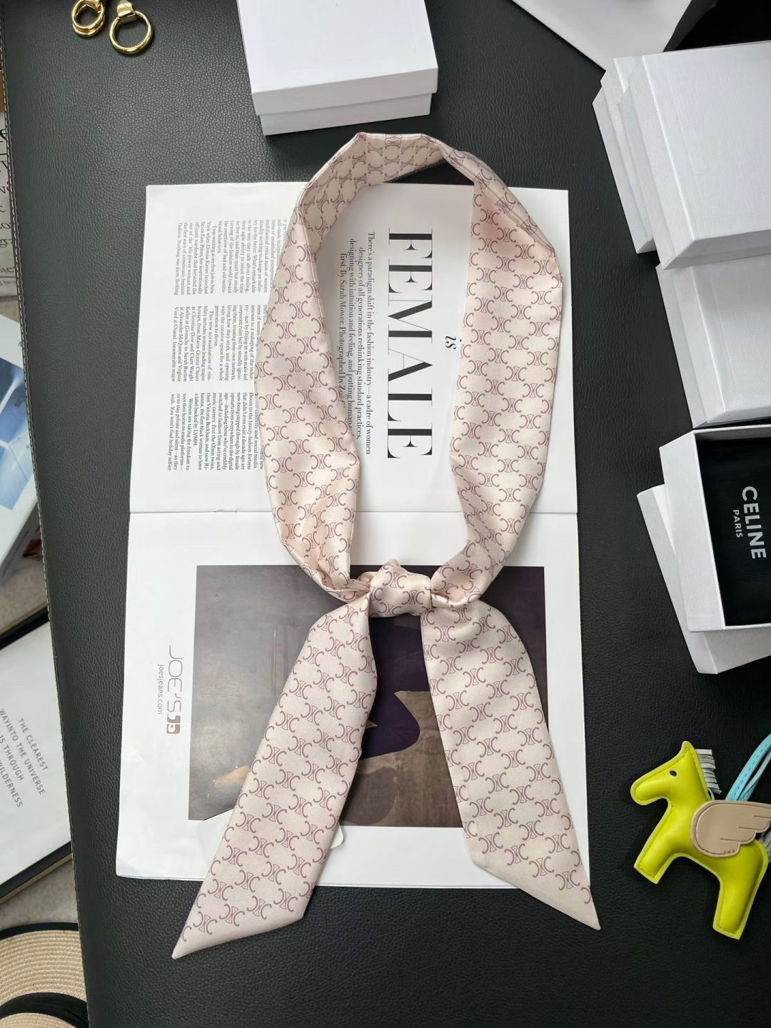 Celine Rose Pink Monogram Triomphe All Over Print Silk Twill Skinny Scarf - KAIROO