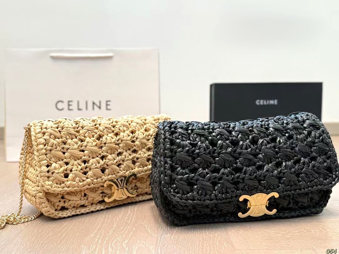 Celine Crochet Raffia Gold Tone Triomphe Hardware Flap Chain Shoulder Bag - KAIROO