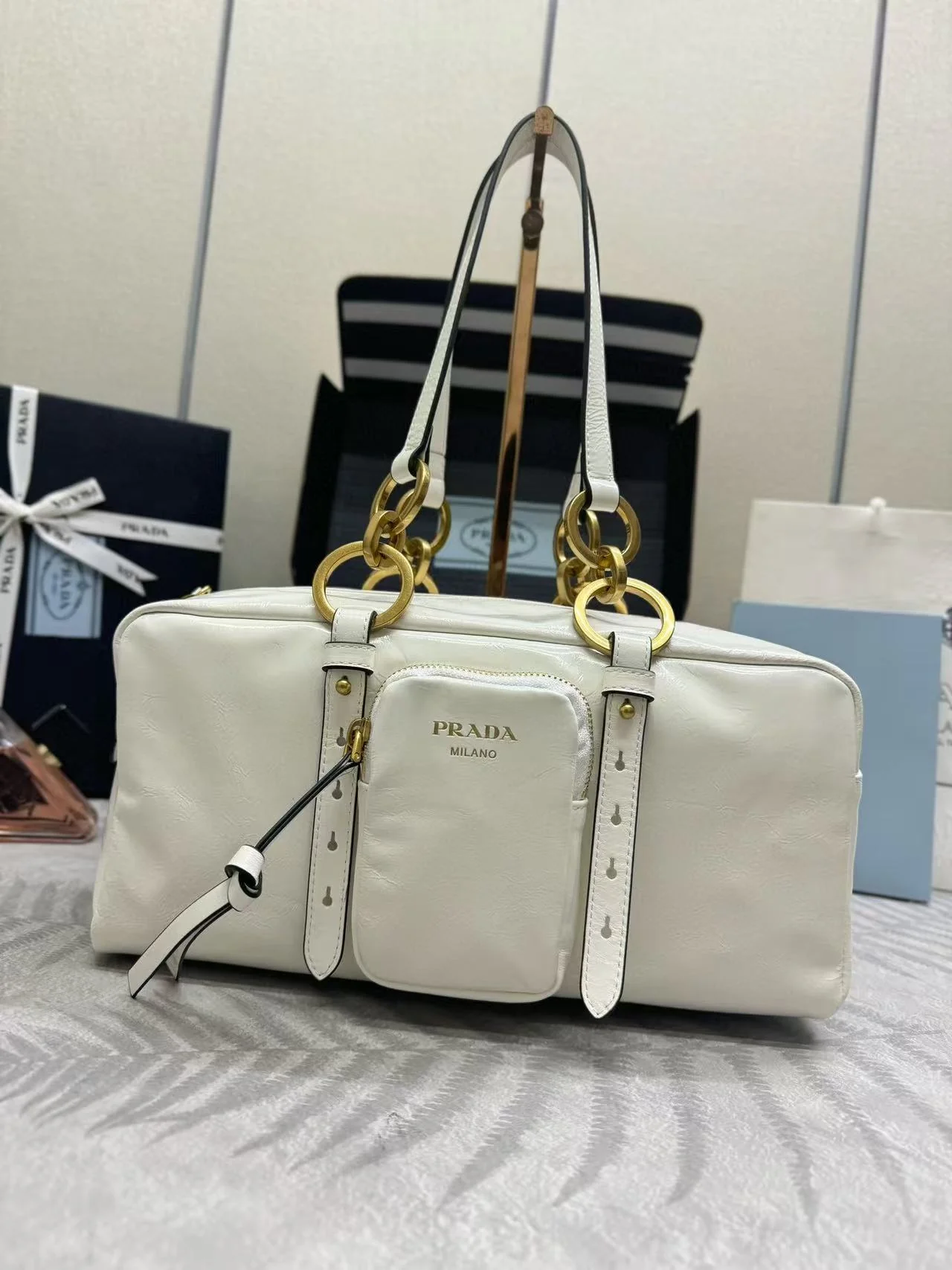 Prada DANGLE TOP HANDLE BAG 30 IN WHITE PATENT CALFSKIN