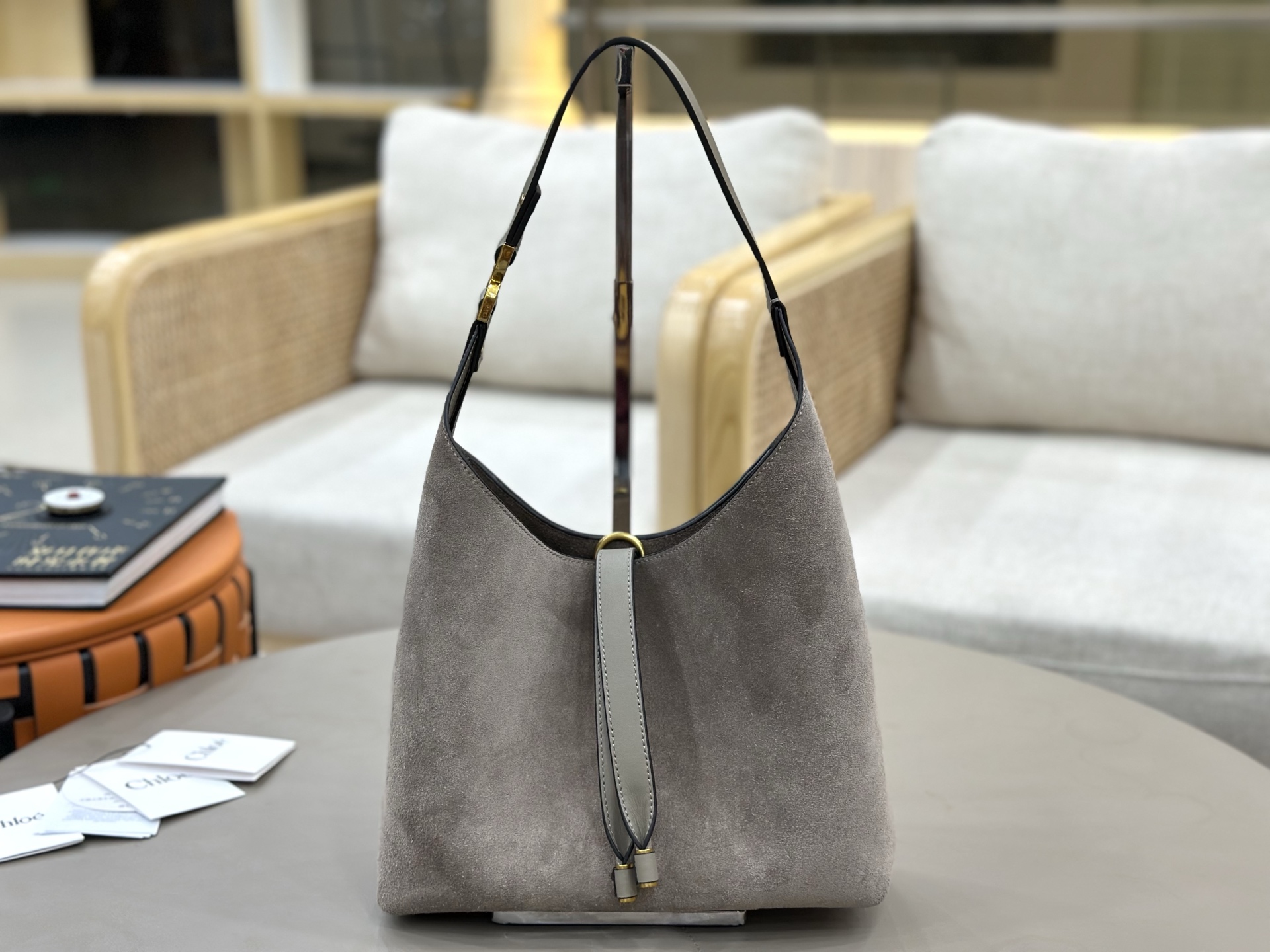 Chloe Small Marcie Hobo Bag in Suede Calfskin-Grey