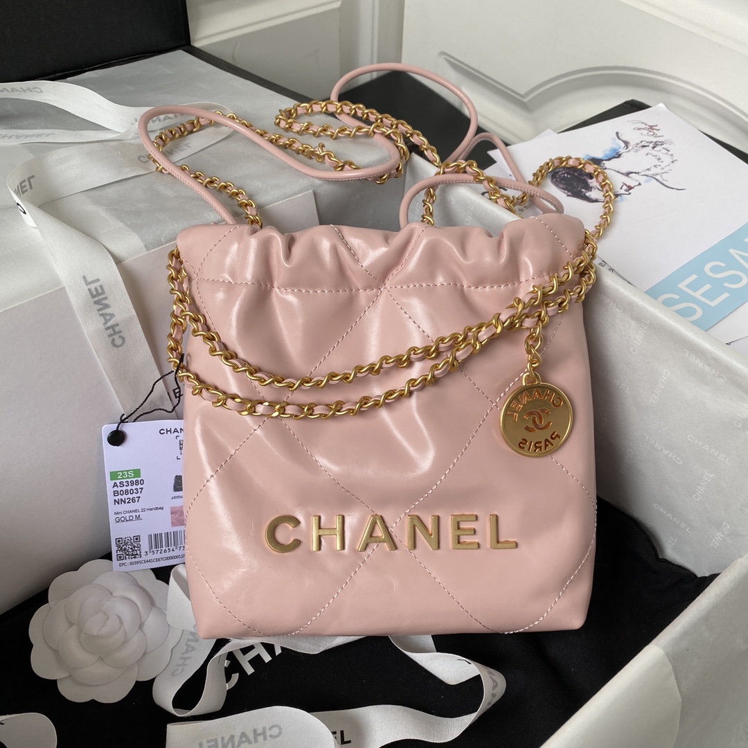 Chanel 22 Mini Handbag in Pink Shiny Calfskin Gold-Tone Metal