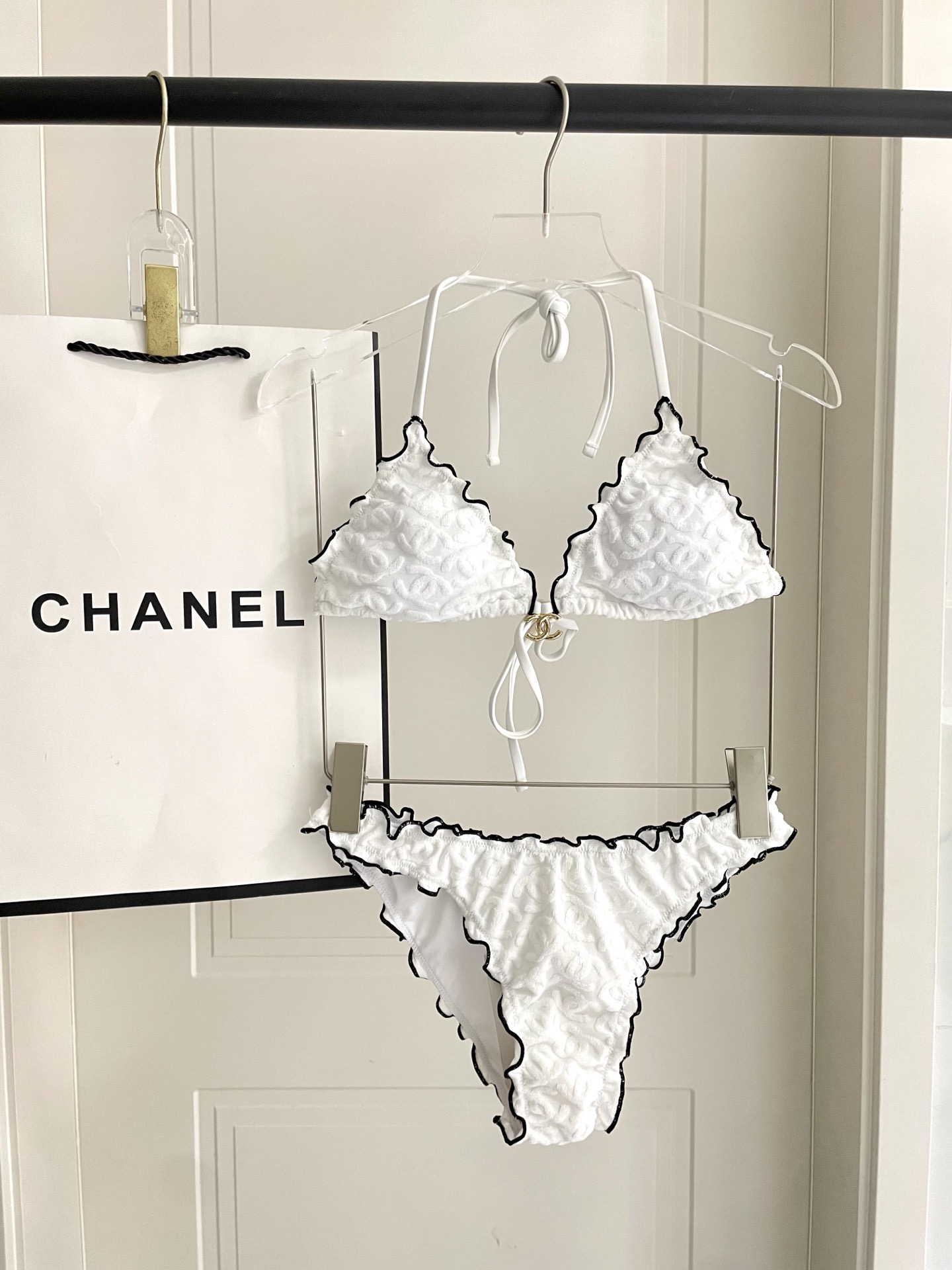 Chanel Embossed Ruffled Trim Ties Bikini Two-Piece Swimsuit - KAIROO