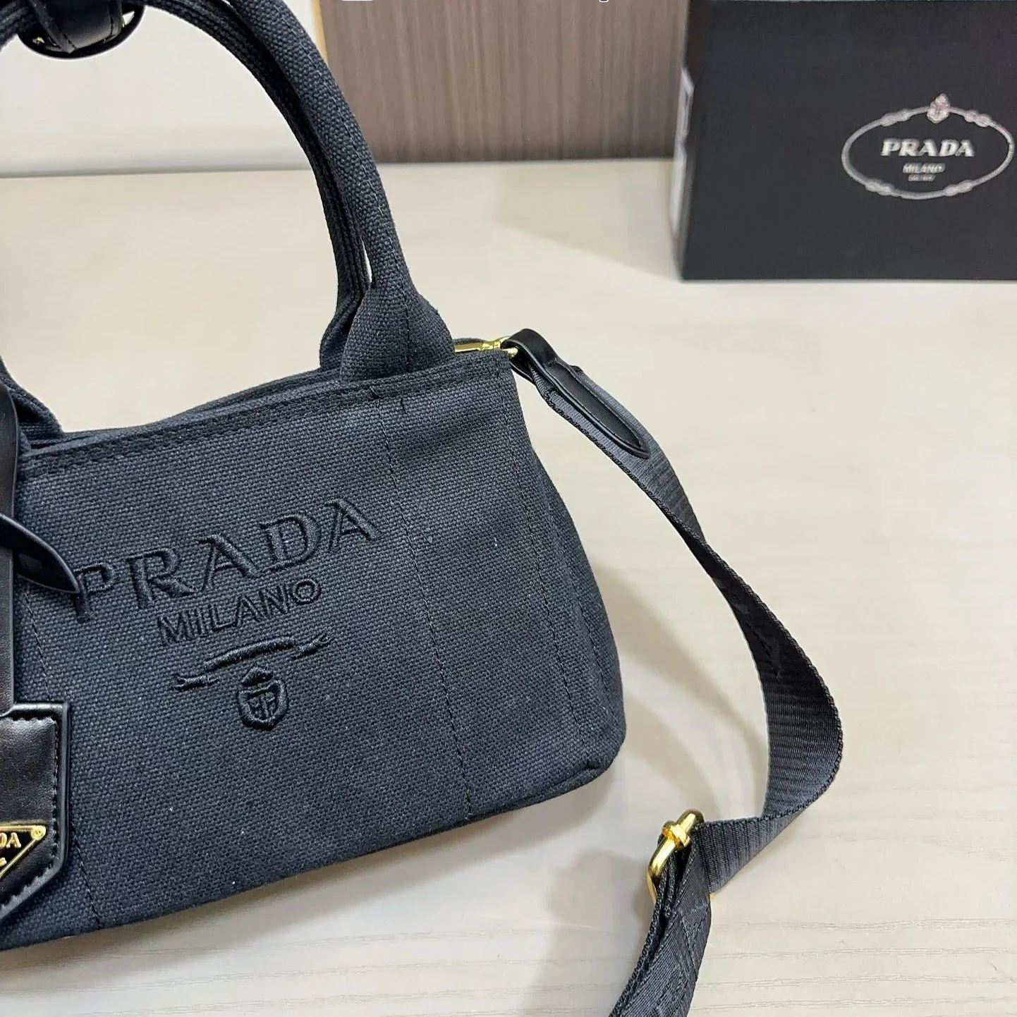 Prada EMBOSSED LOGO MINI TOTE BAG 22 IN BLACK FABIC