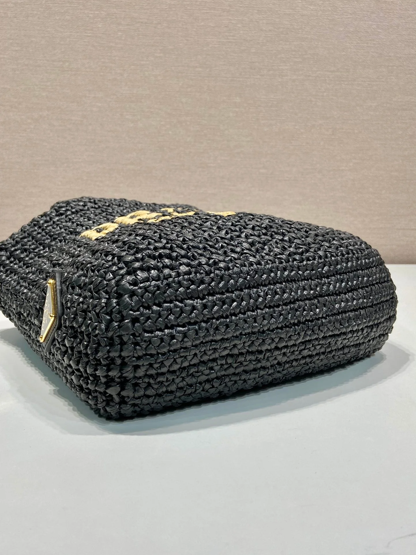 Prada SMALL CROCHET TOTE BAG 24 IN BLACK MIX YELLOW RAFFIA