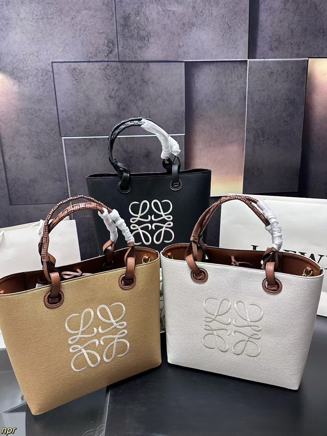 Loewe Small & Medium Anagram Embroidered  Logo Canvas Leather Twin Woven Handles Tote Bag - KAIROO