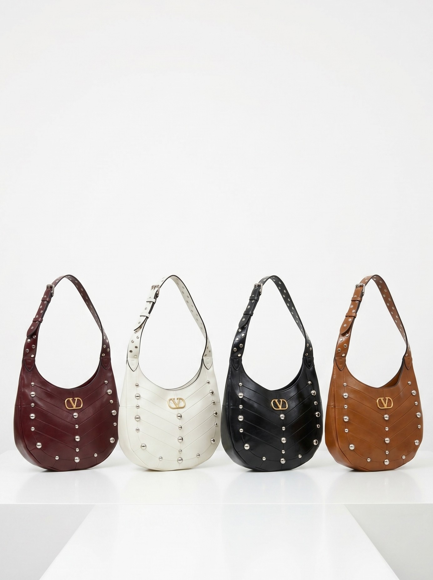 Valentino Garavani VLogo Moon Chevron Quilted Silver Studded Leather Shoulder Hobo Bag - KAIROO