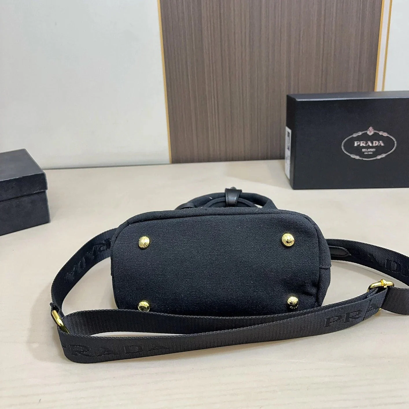 Prada EMBOSSED LOGO MINI TOTE BAG 22 IN BLACK FABIC