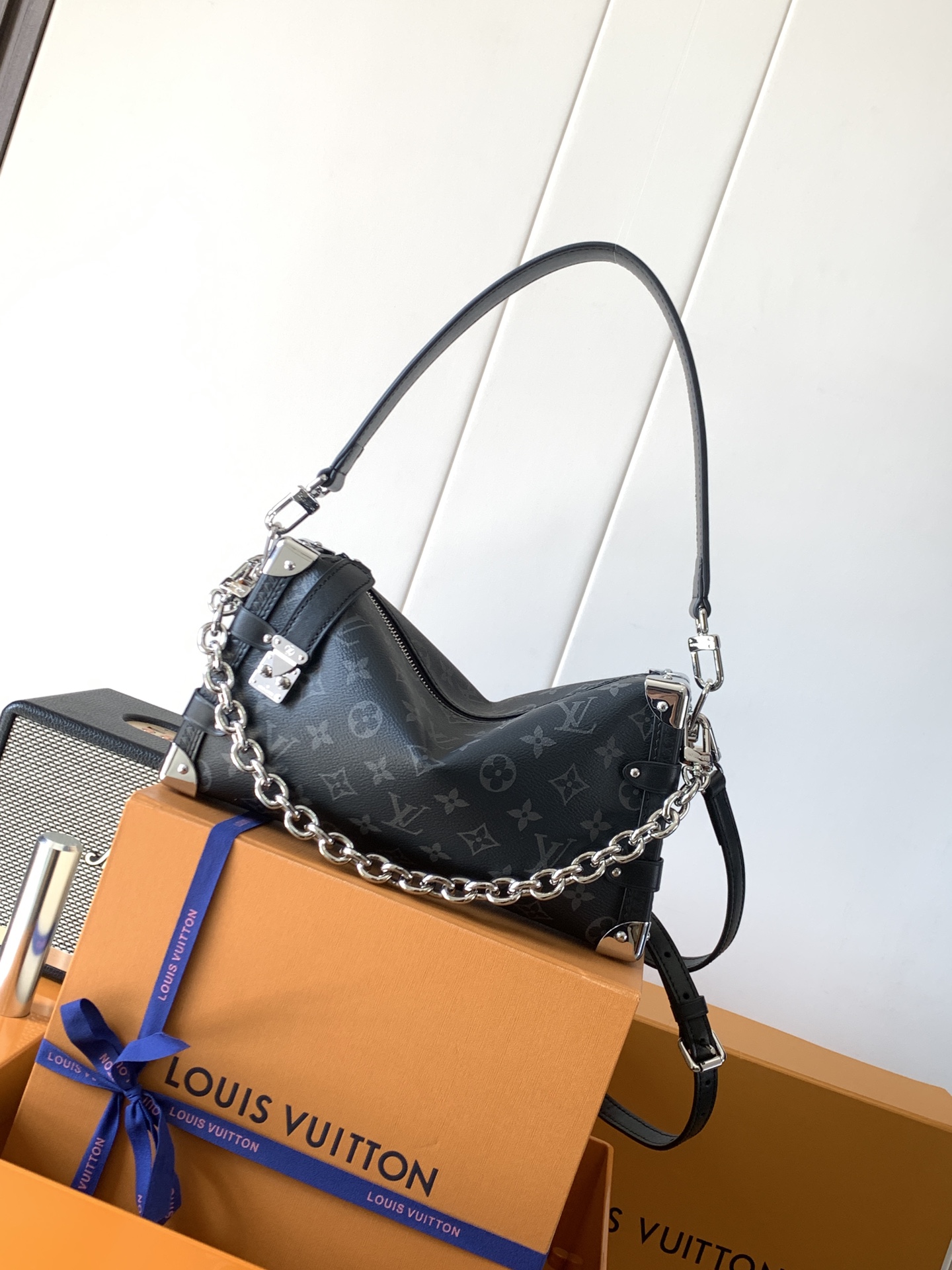 Louis Vuitton LV Side Trunk MM East West Eclipse Black Monogram Canvas Silver HW S-Lock Soft Shoulder Bag - KAIROO