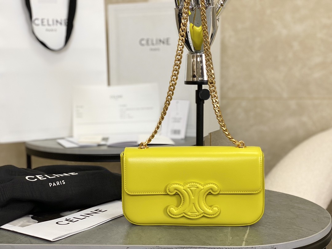 Celine Citron Shiny Calfskin Horizontal Long Leather Triomphe Patch Gold Chain Bag / 15A - KAIROO