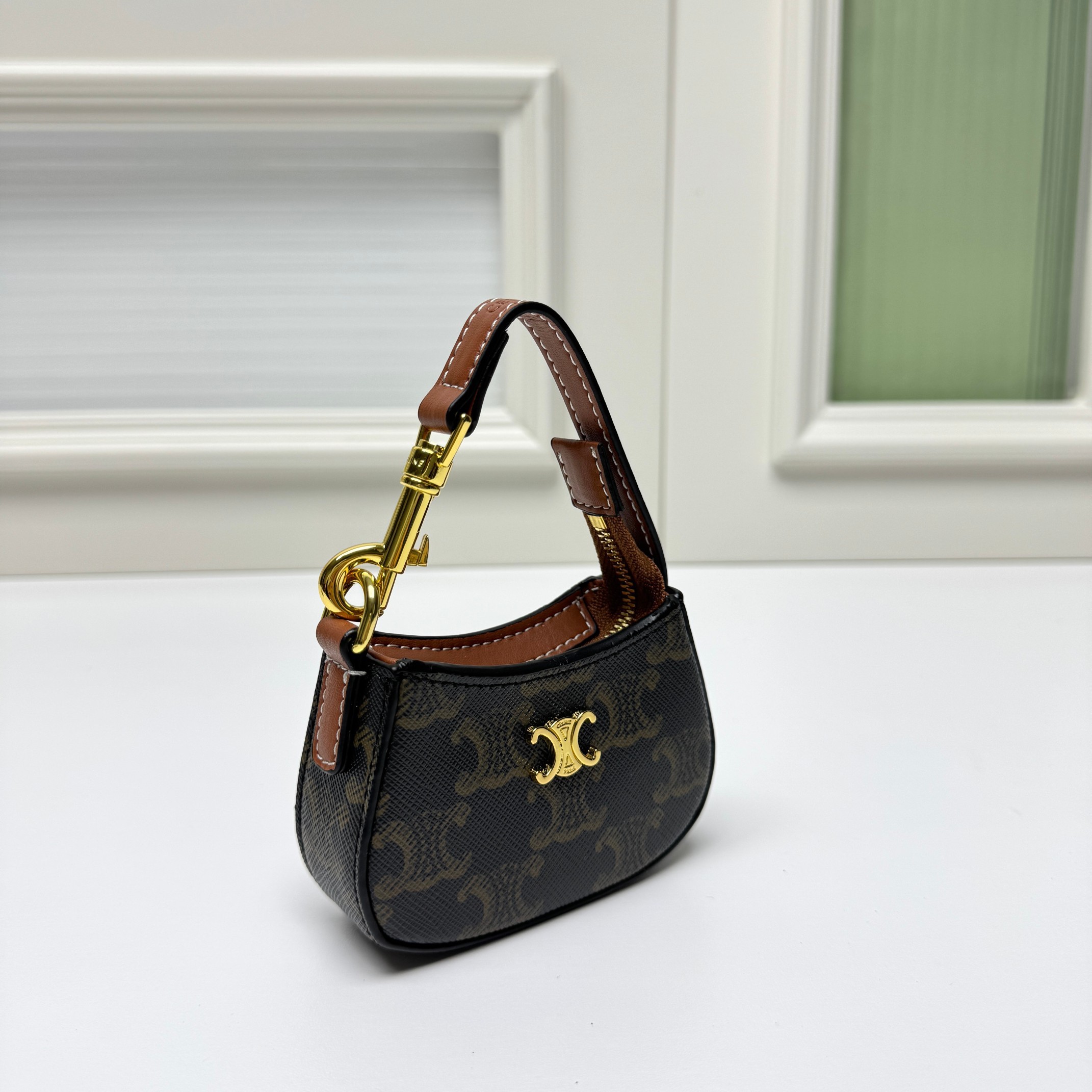 Celine Mini Tilly Tan Triomphe Monogram Coated Canvas Gold Hardware Charm Wrist Bag - KAIROO