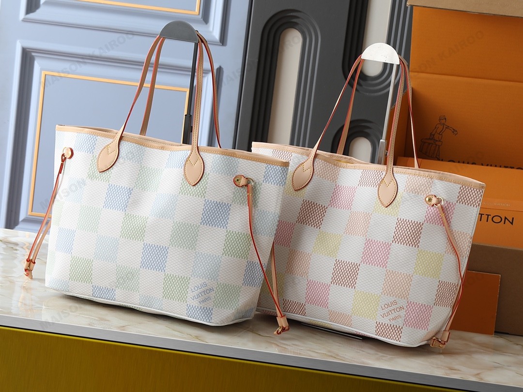 Louis Vuitton LV Neverfull MM Pastel Multicolor Damier Azur Check Coated Canvas Tote Bag With Pouch - KAIROO