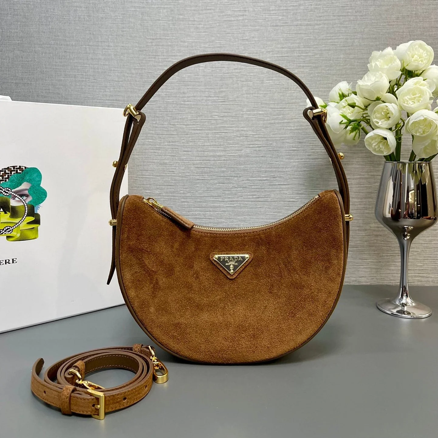 Prada MOON HANDBAG 22 IN RUSSET BROWN SUEDE