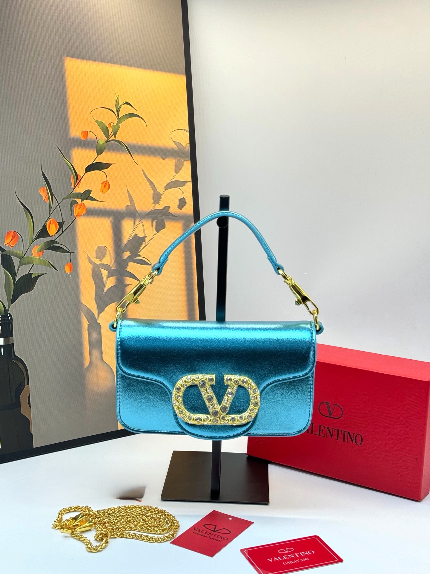 Valentino Garavani Loco Metallic Electric Blue Small Crystal VLogo Leather Chain Shoulder Baguette Bag - KAIROO
