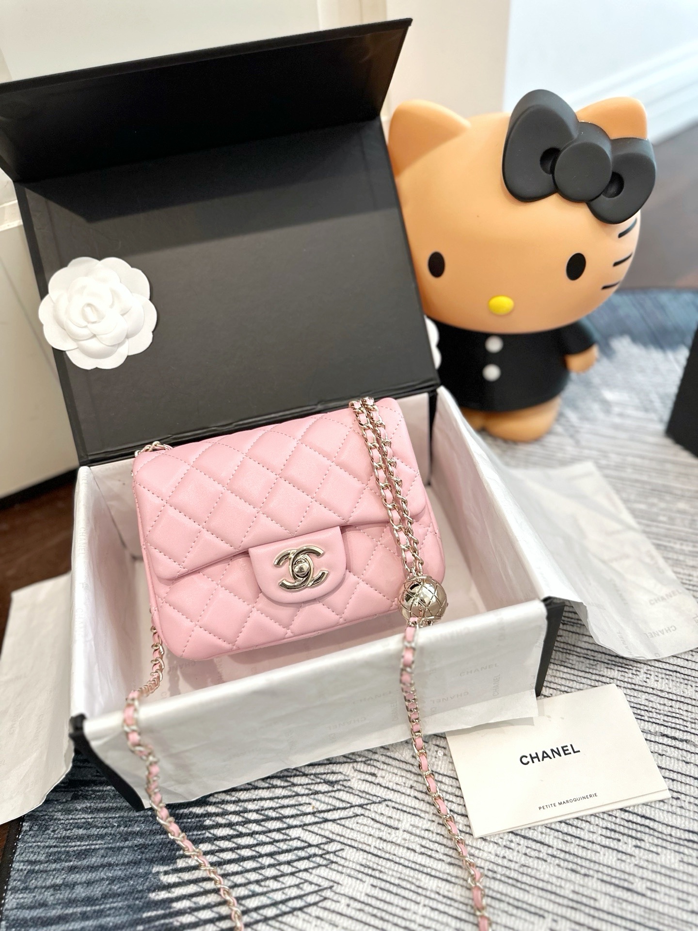 Chanel Mini Square CF 17CM Silver Ball Pearl Crush Quilted Leather Flap Chain Shoulder Bag - KAIROO