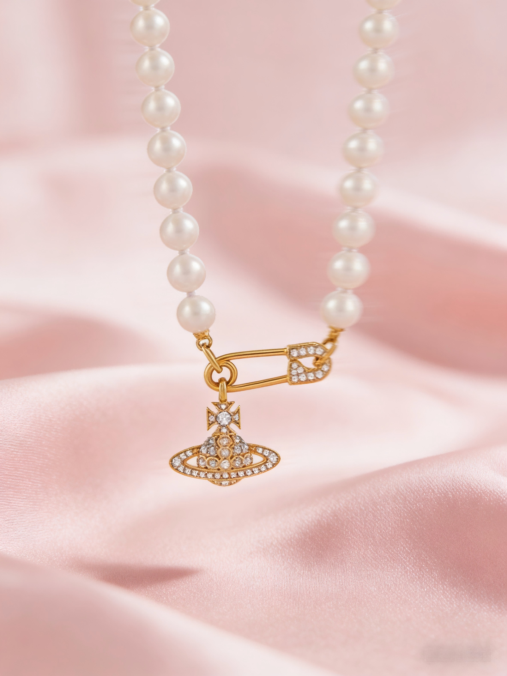 Gold-Tone Safety Pin Pearl Necklace with Rhinestone Orb Pendant | Elegant Dainty Jewelry for Women