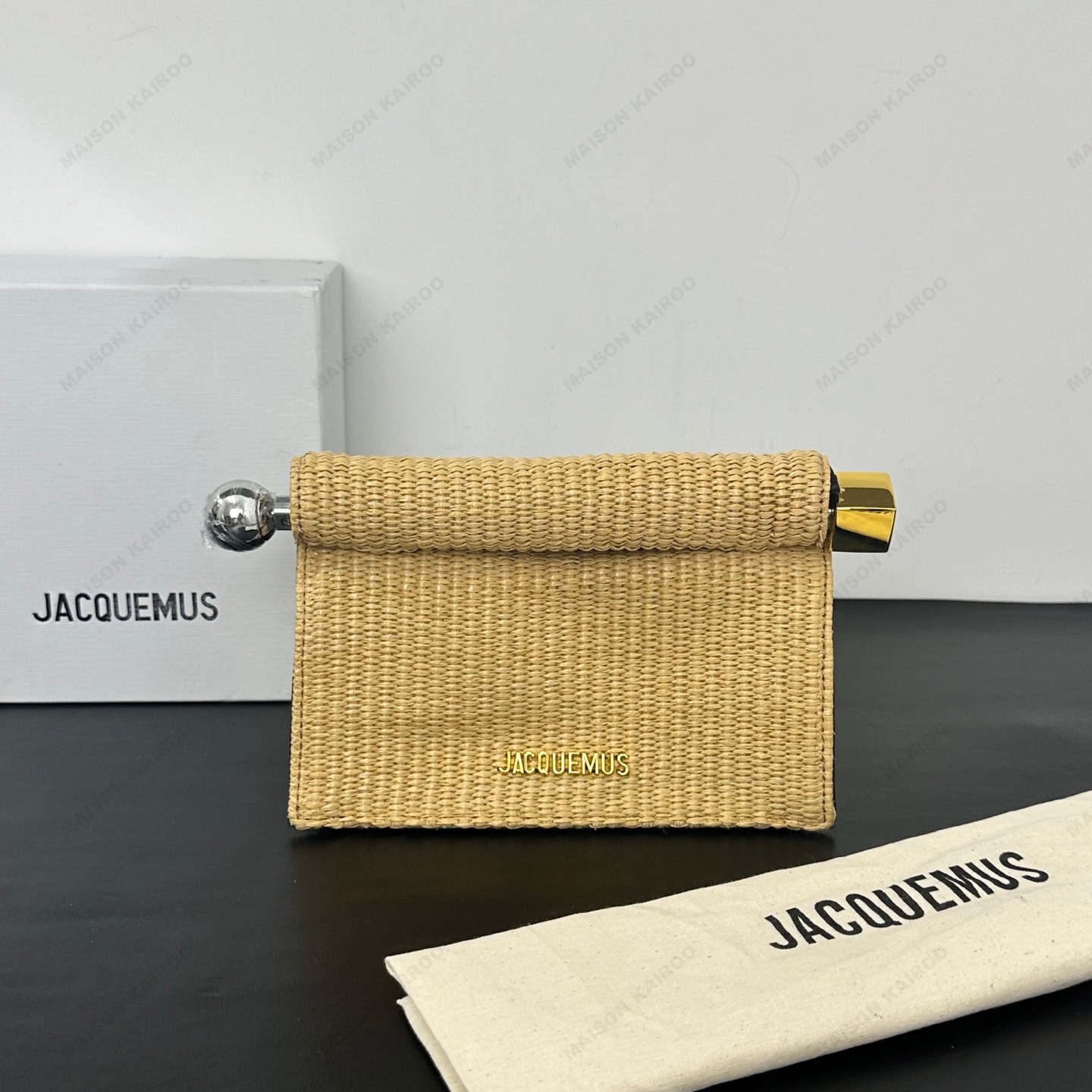 【10A】Jacquemus La Pochette Rond Carré Natural Raffia Woven Roll Top Takeout Clutch Shoulder Bag - KAIROO