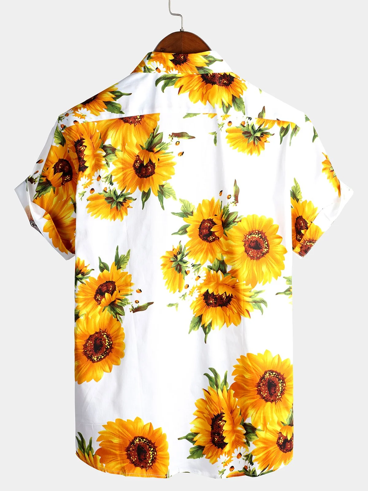 Men's Vintage Sunflower Floral Art Cotton Pocket Button-Up Short Sleeve Shirt