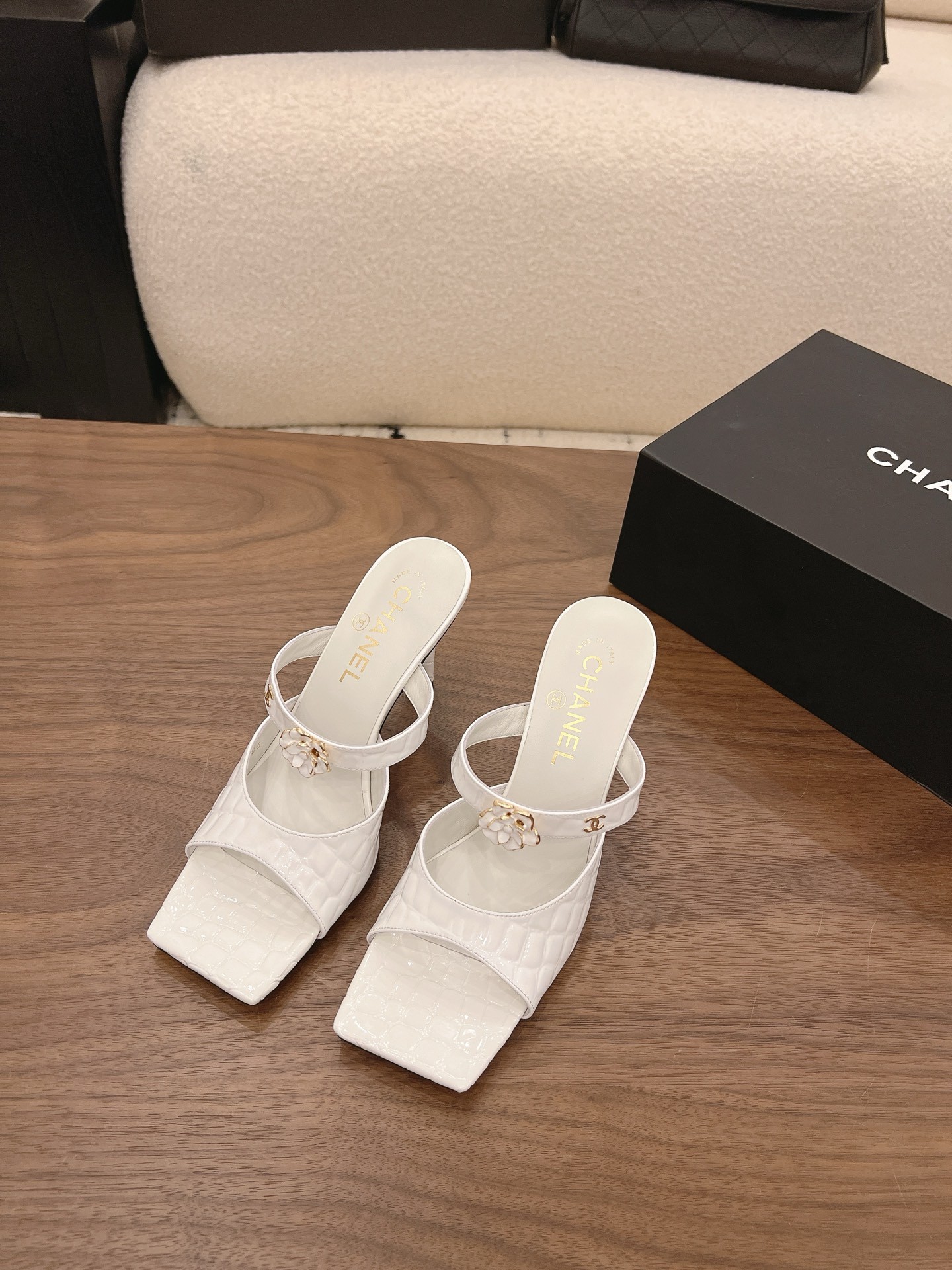 Chanel 26K White Camellia Buckle Croc-Embossed Leather Square Toe Sandals Mules Heels - KAIROO