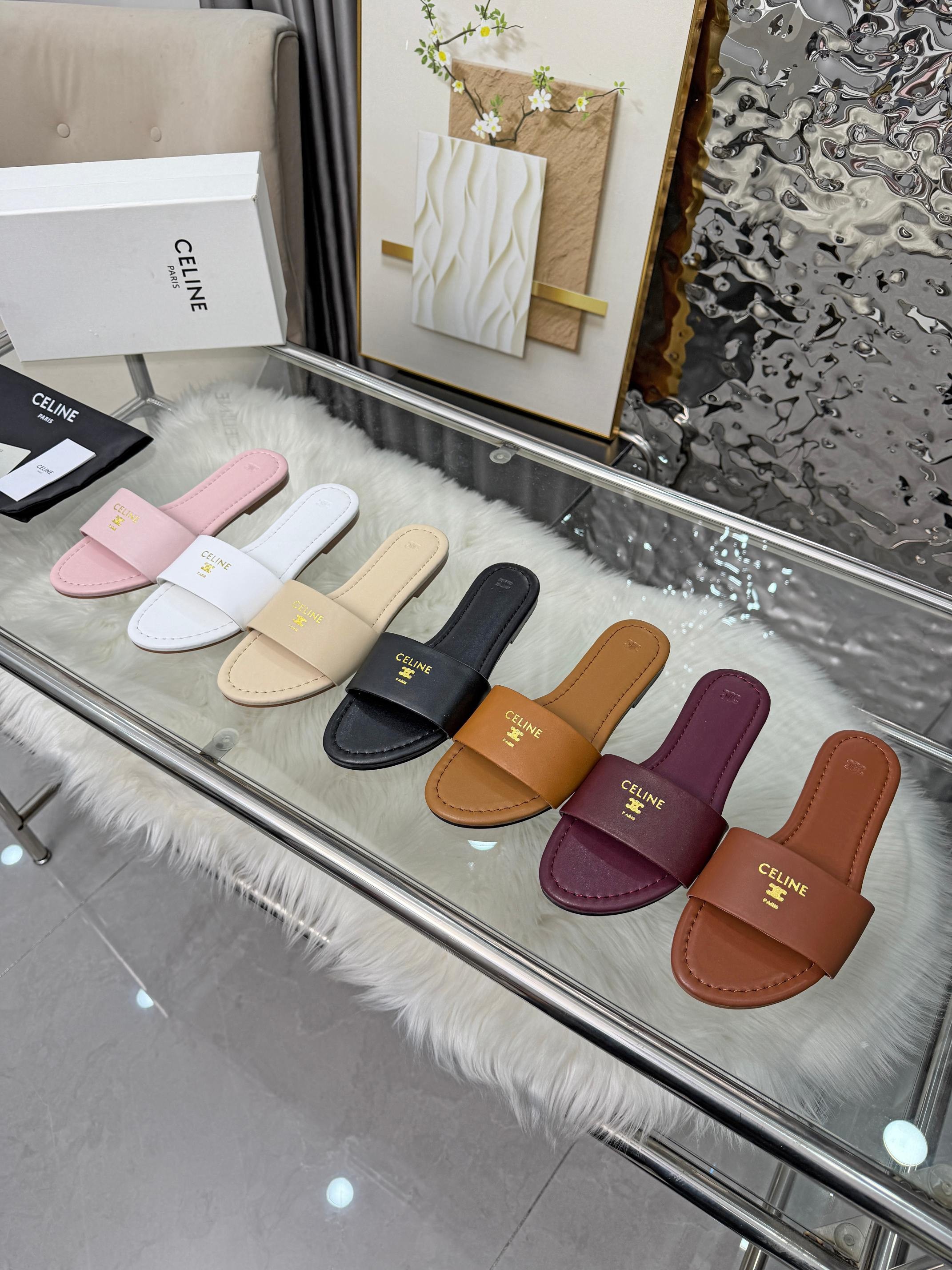 Celine Essentials Gold Stamped Logo Colorful Leather Flat Slides - KAIROO